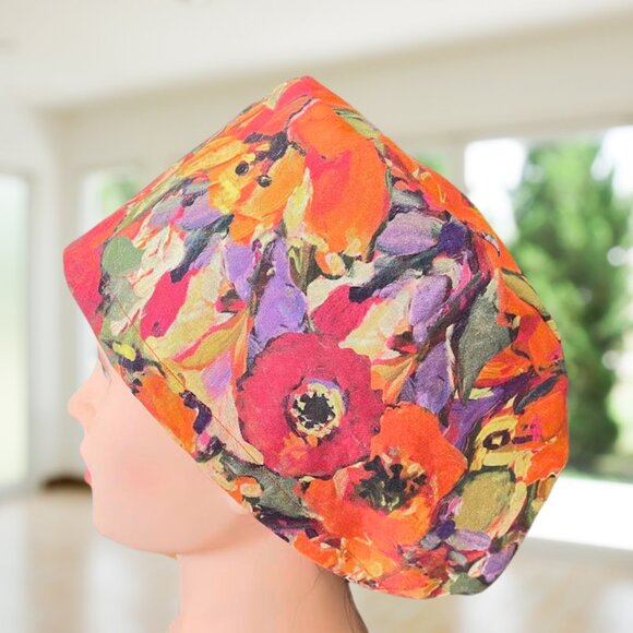 PREMIUM Orange Poppies~ Euro Scrub Cap~ Unisex Nurse Cap - Picture 3 of 4